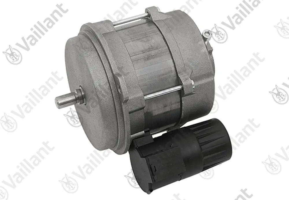 Vailant Elektromotor mit einem runden Gehäuse und seitlichem Anschluss. Das Produkt besteht aus Metall und ist für verschiedene Anwendungen in Heizsystemen konzipiert.
